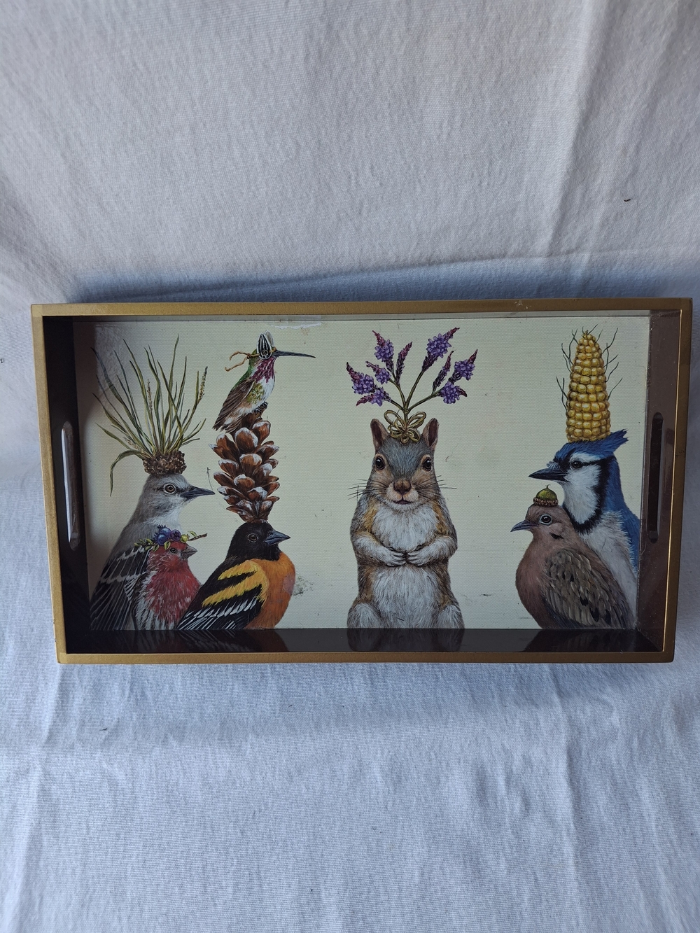 Decorative Wildlife Wood Laquer Serving Tray in Cream and Brown 12 ×7 ins